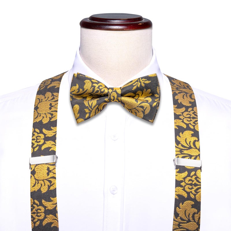 Dubulle Black and Gold Suspender for Men with Bow Tie Pocket Square Set Sparkles Gold Grey Brace Bowties Set - Image 3